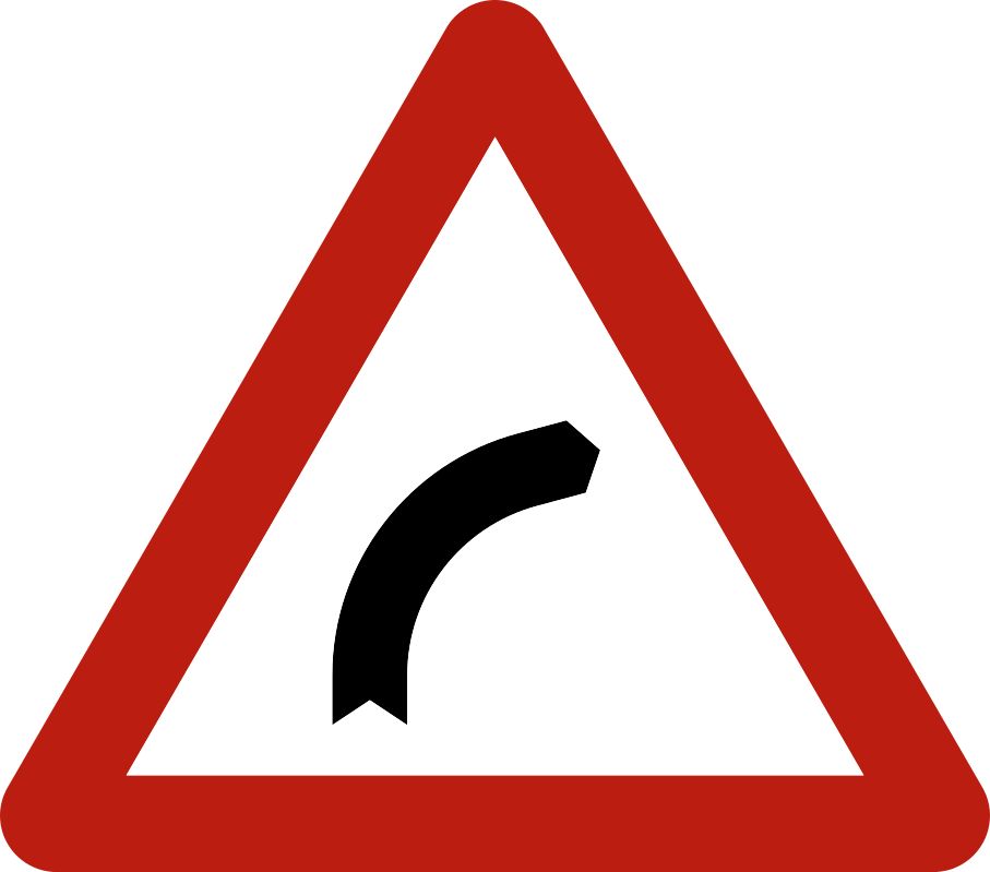 Triangle à bord rouge avec un virage noir vers la droite.