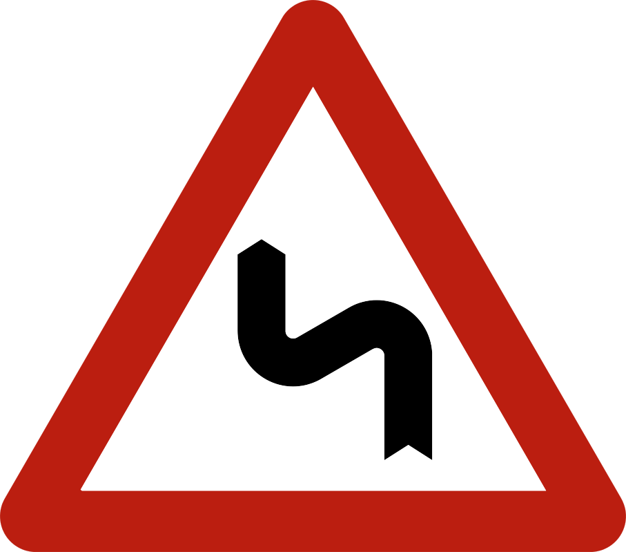 Triangle à bord rouge avec deux courbes, la première vers la gauche.