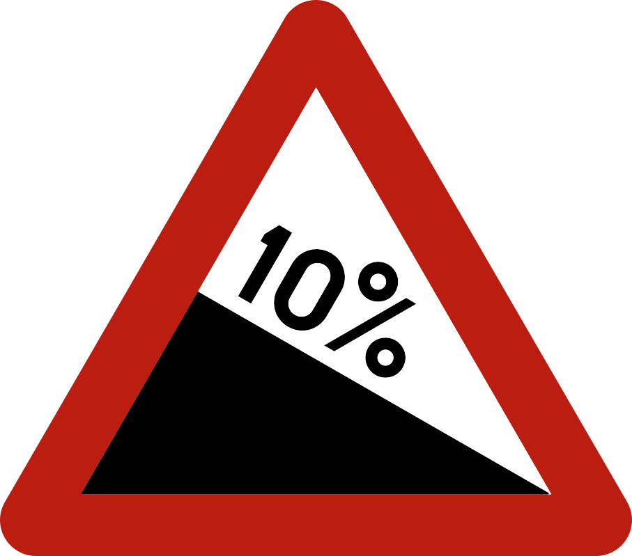 Triangle à bord rouge avec une pente descendante et la mention « 10 % ».