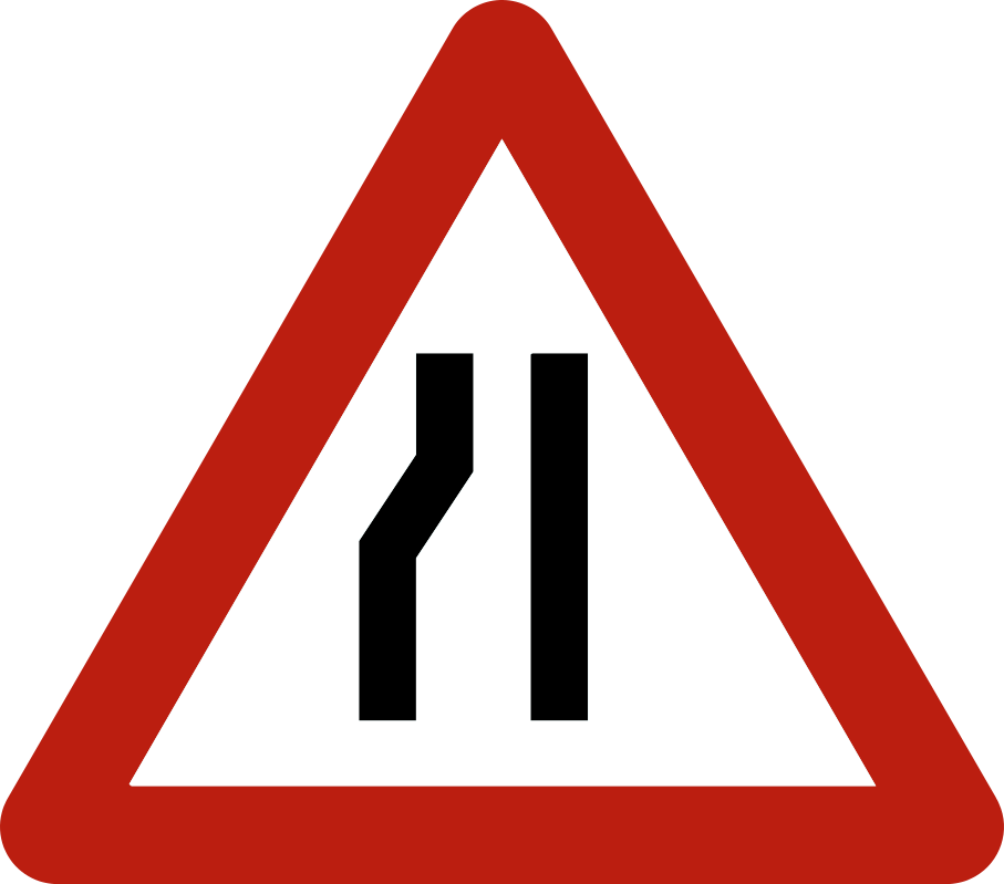 Triangle à bord rouge avec le bord gauche de la chaussée qui se rapproche du bord droit.