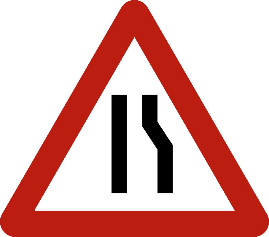 Triangle à bord rouge avec le bord droit de la chaussée qui se rapproche du bord gauche.