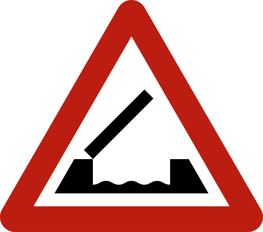 Triangle à bord rouge avec un pont relevé au-dessus de l’eau.