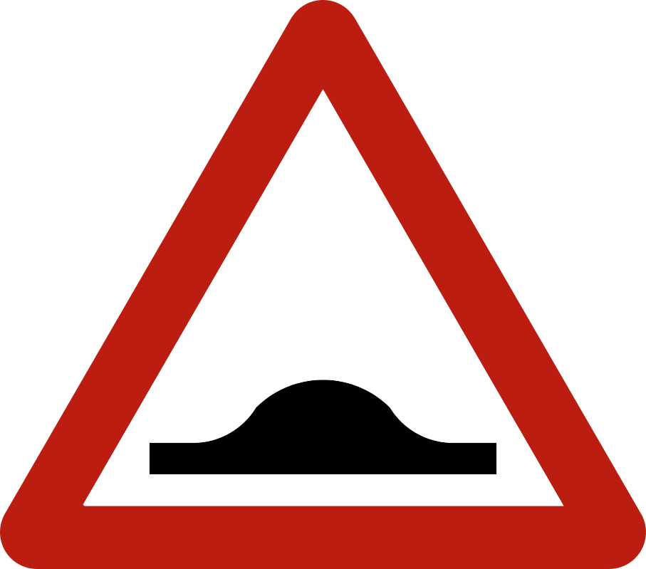 Triangle à bord rouge avec une bosse sur la chaussée.
