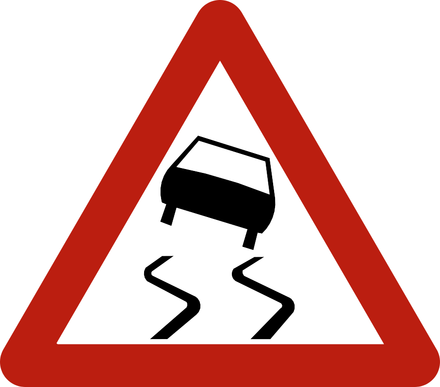 Triangle à bord rouge avec une voiture et deux traces sinueuses.