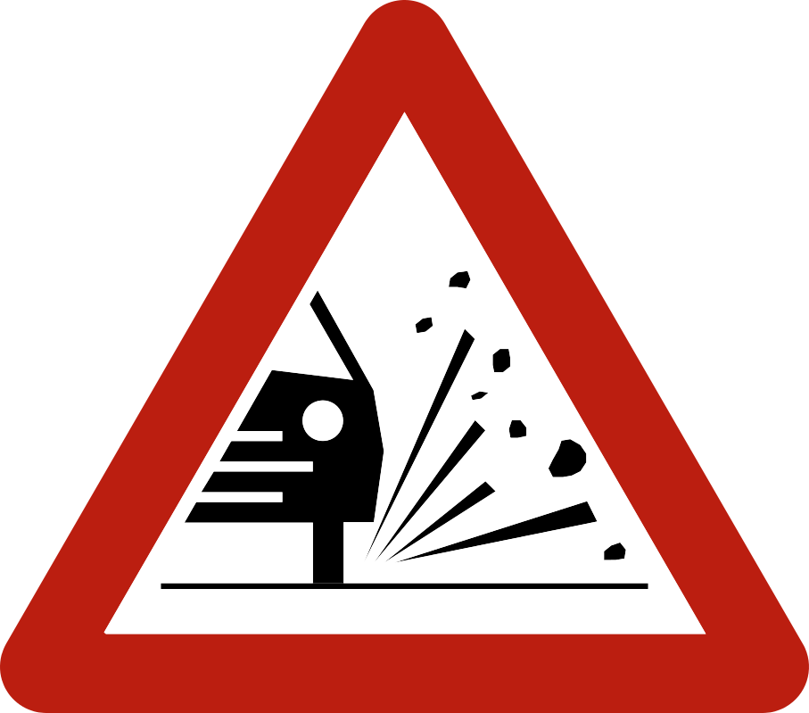 Triangle à bord rouge avec une voiture projetant des gravillons.
