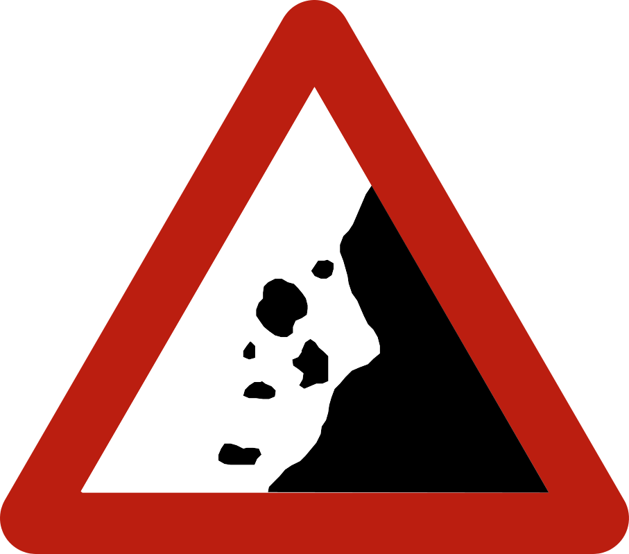 Triangle à bord rouge avec des pierres tombant d’une paroi à droite.