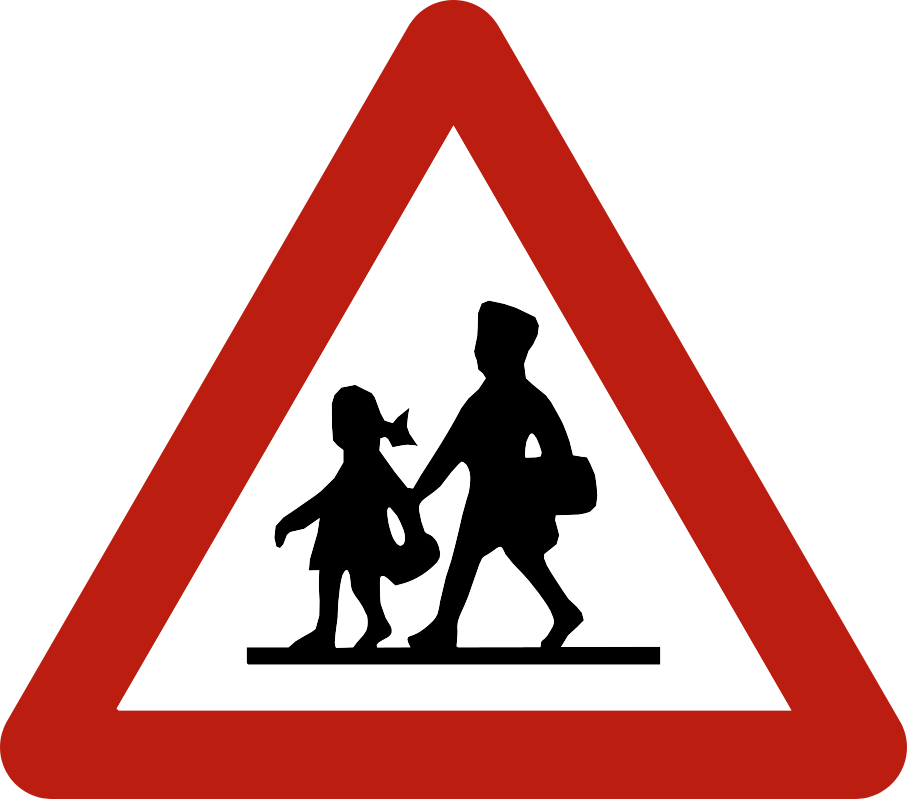 Triangle à bord rouge avec deux enfants.