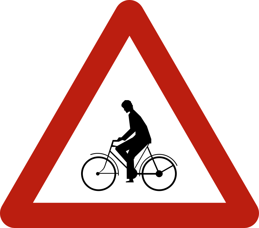 Triangle à bord rouge avec un cycliste.