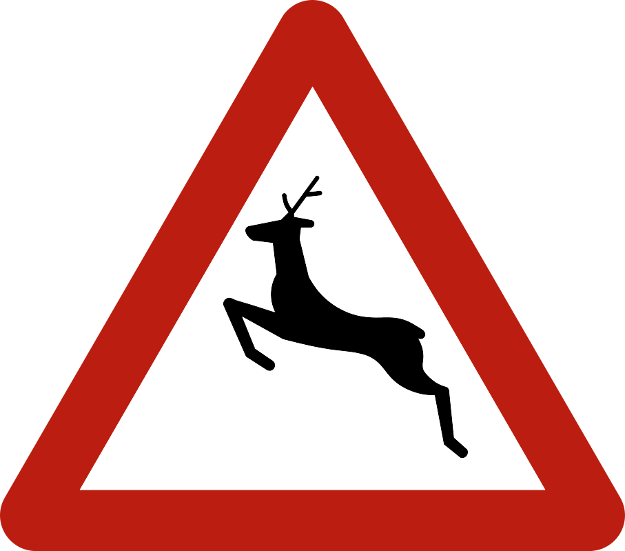 Triangle à bord rouge avec un cerf en train de bondir.