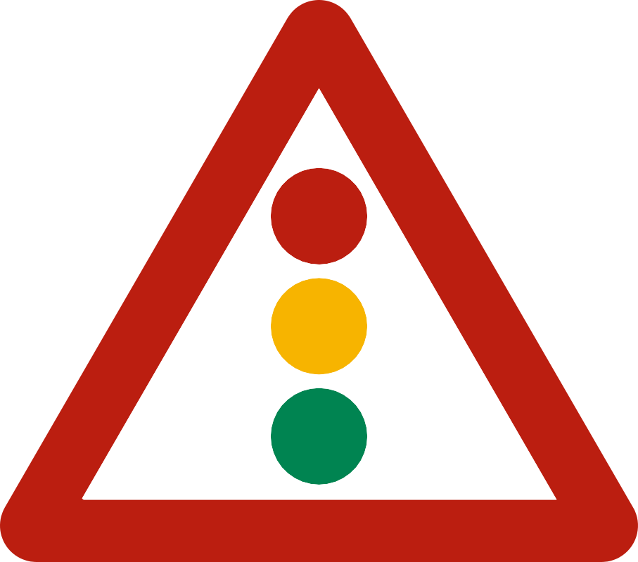 Triangle à bord rouge avec trois feux superposés : rouge, jaune-orange et vert.