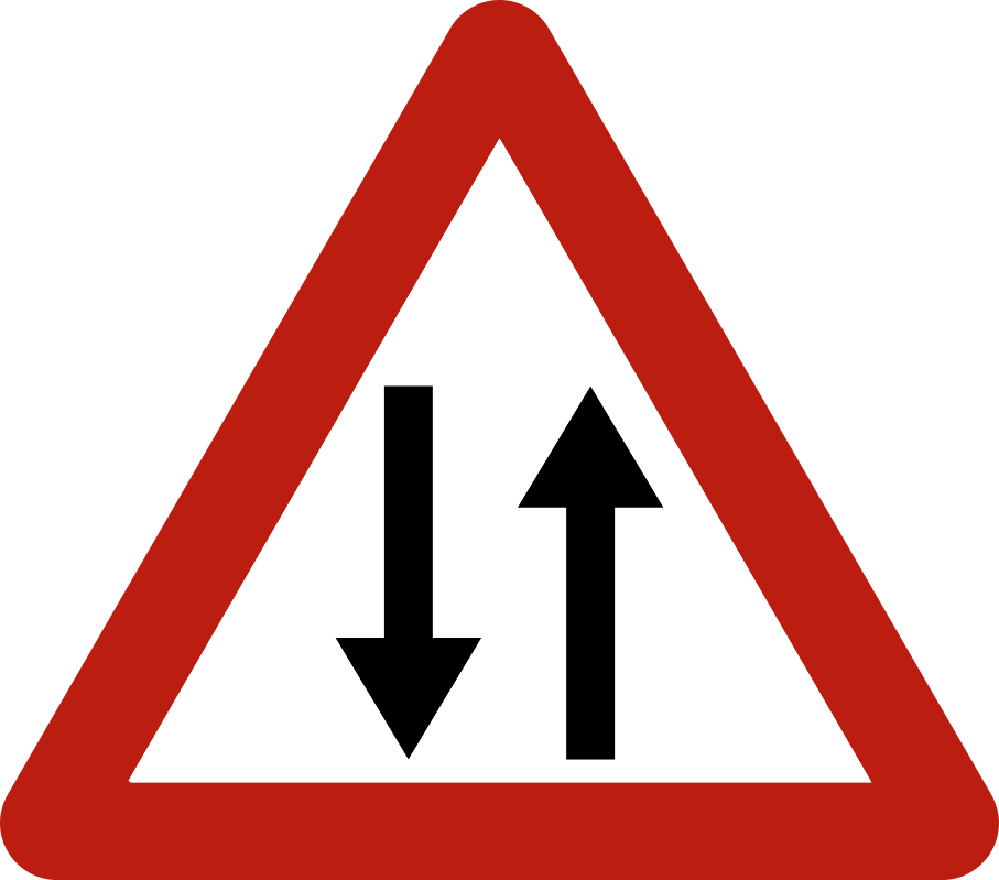 Triangle à bord rouge avec deux flèches noires opposées : à gauche vers le bas, à droite vers le haut.