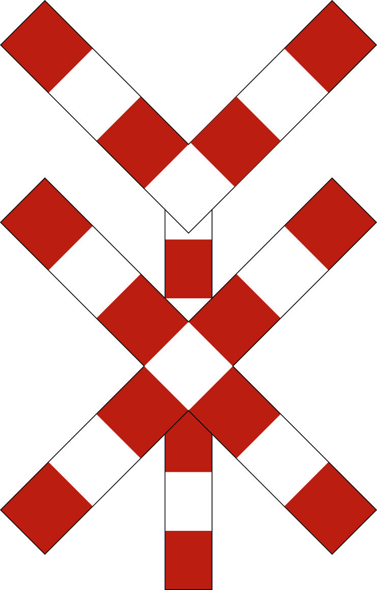 Croix de Saint-André rouge et blanche surmontée de deux branches obliques formant un V.