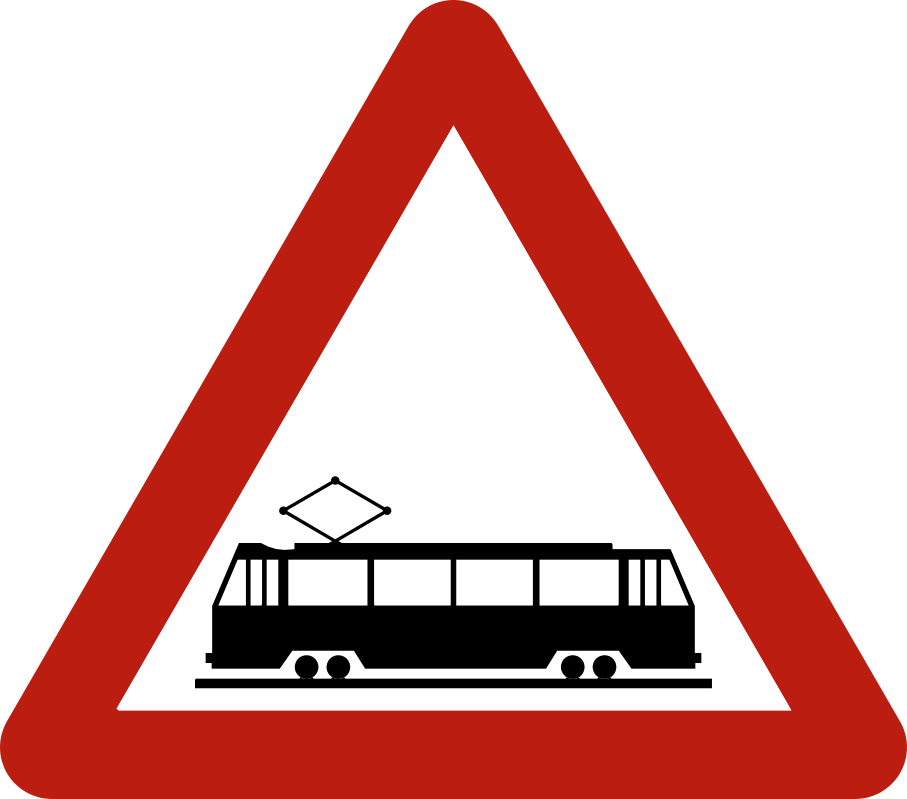 Triangle à bord rouge avec un tram.