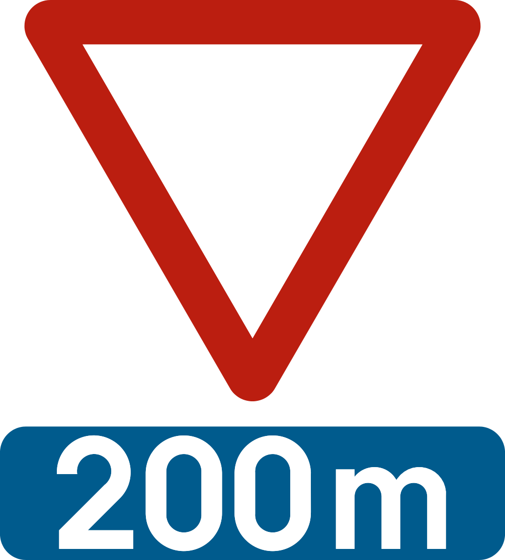 Triangle blanc à bord rouge, pointe vers le bas, accompagné d’un panneau « 200 m ».