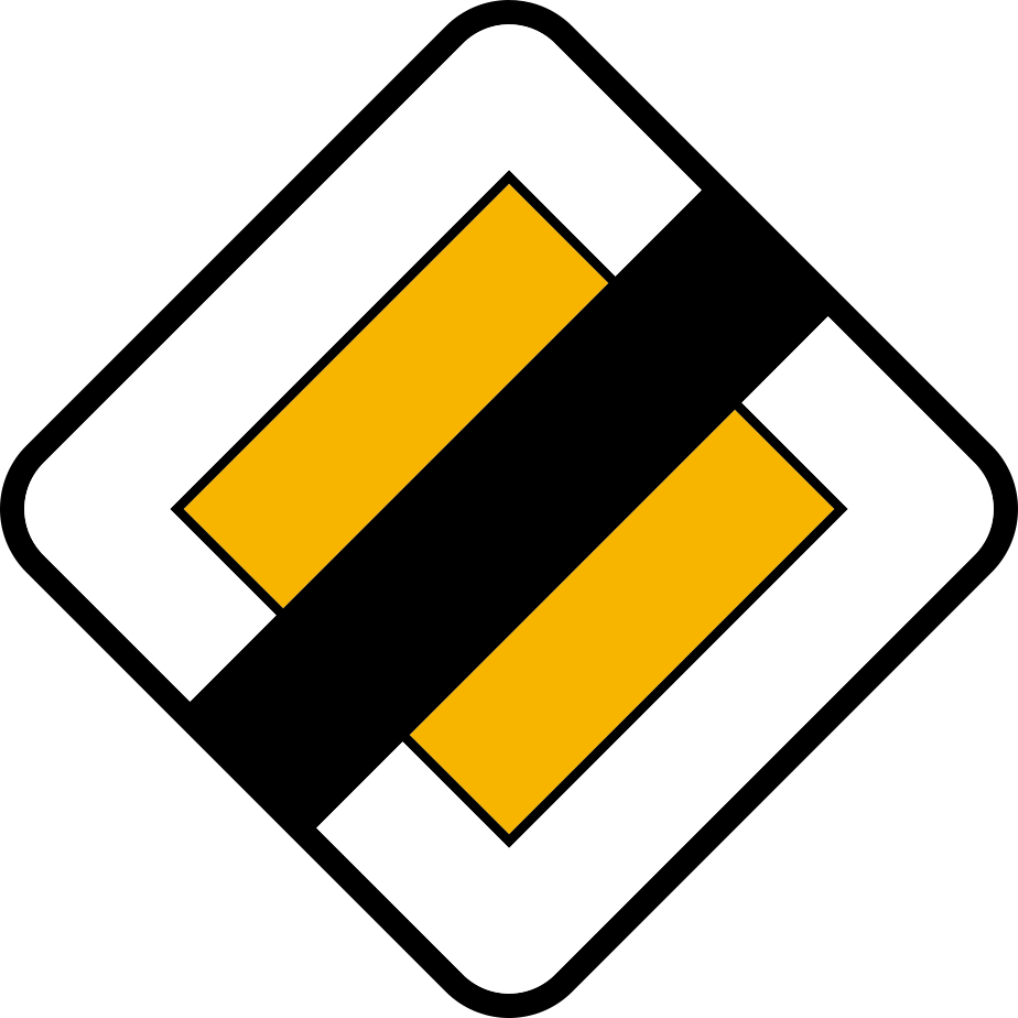 Losange jaune entouré de blanc, traversé d’une large barre noire oblique.