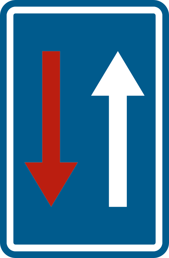 Rectangle bleu : flèche rouge vers le bas à gauche et flèche blanche vers le haut à droite.