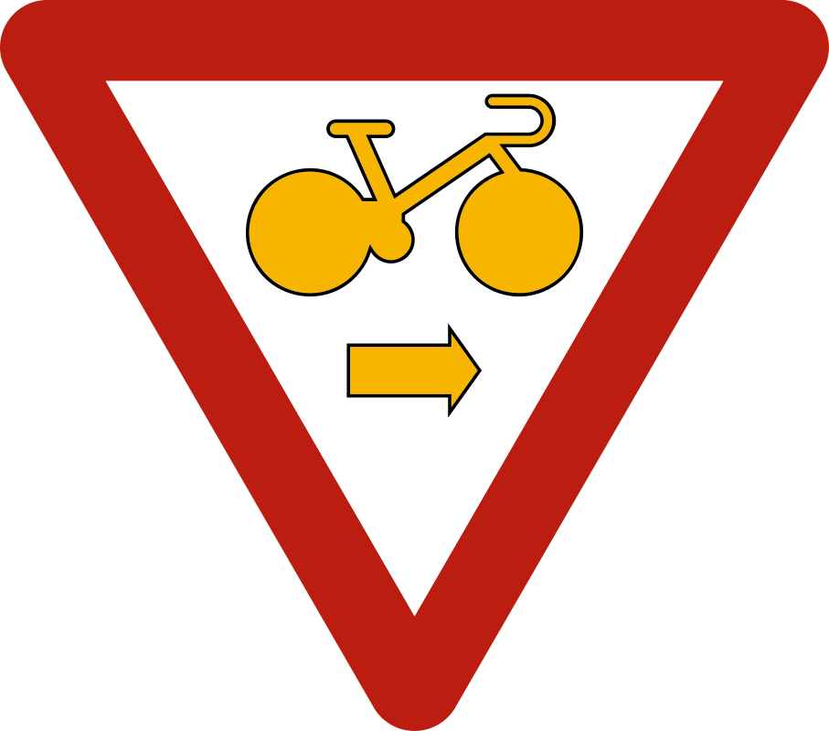 Triangle à bord rouge, pointe vers le bas, avec un vélo jaune et une flèche jaune vers la droite.