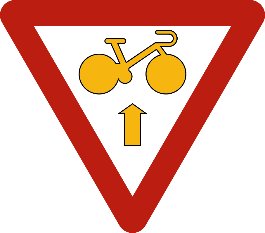 Triangle à bord rouge, pointe vers le bas, avec un vélo jaune et une flèche jaune vers le haut.