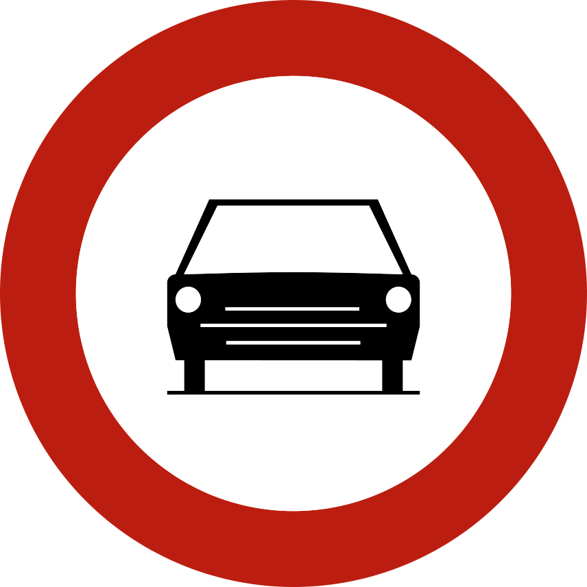 Disque à bord rouge avec une voiture noire vue de face.