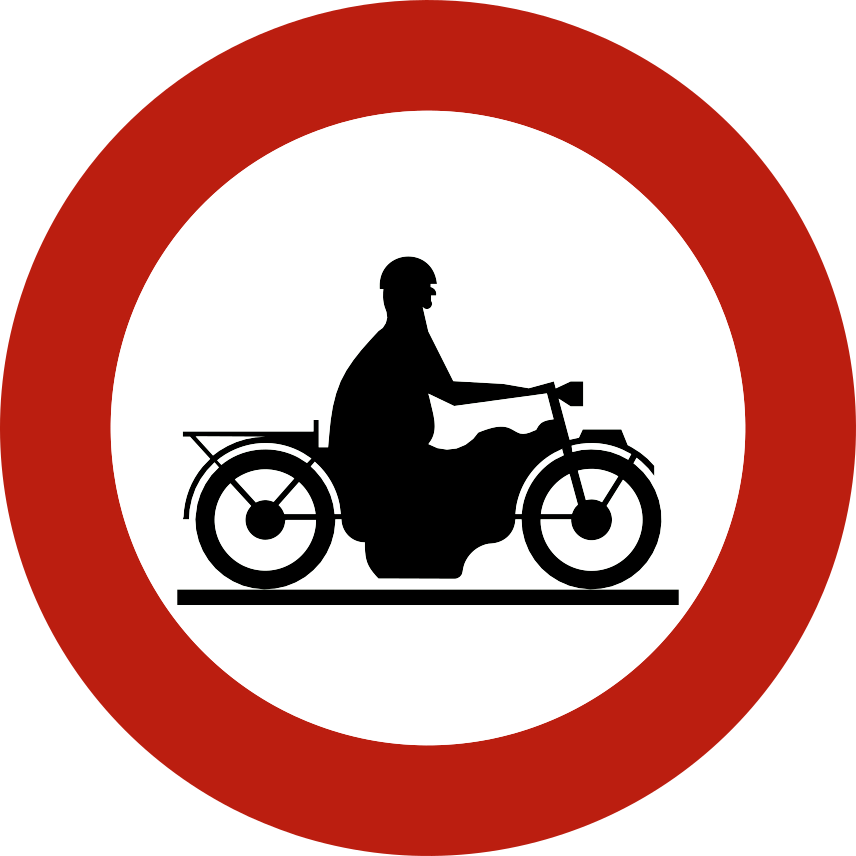 Disque à bord rouge avec un motocycliste noir vu de profil.