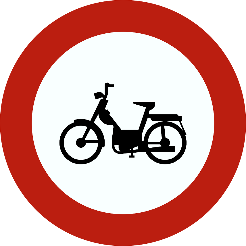 Disque à bord rouge avec un cyclomoteur noir vu de profil.