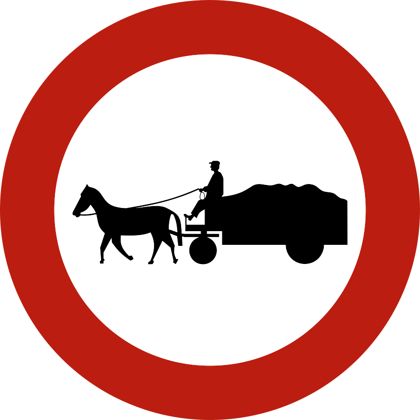 Disque à bord rouge avec un véhicule tiré par un cheval.