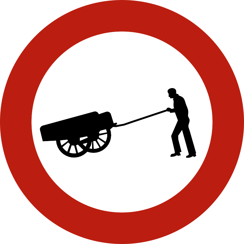 Disque à bord rouge avec une personne poussant une charrette à bras.