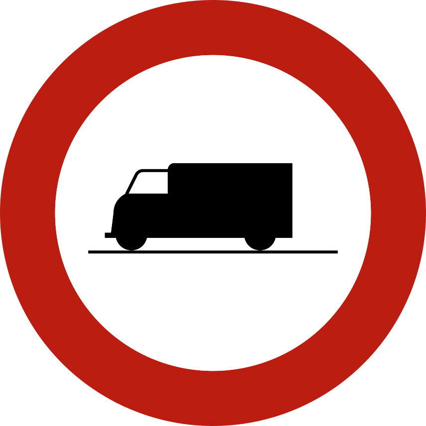 Disque à bord rouge avec un véhicule de transport de marchandises vu de profil.