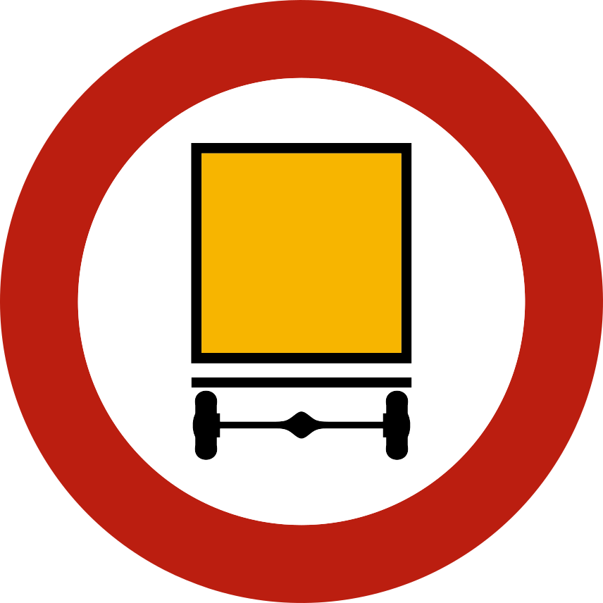 Disque à bord rouge avec un véhicule vu de l’arrière et un rectangle orange.
