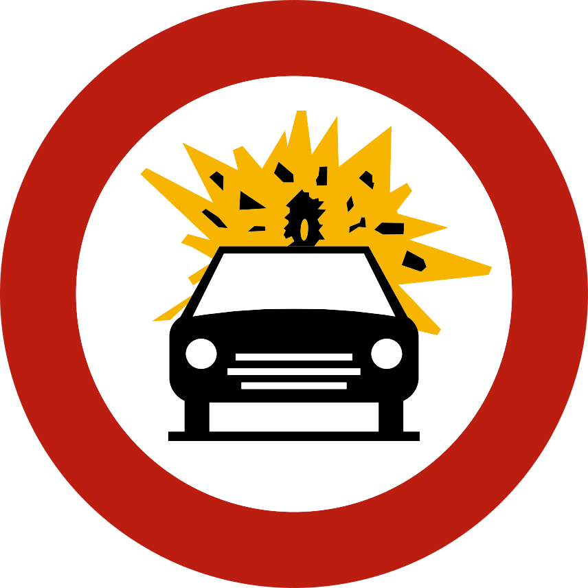 Disque à bord rouge avec une voiture noire devant des flammes et une explosion.