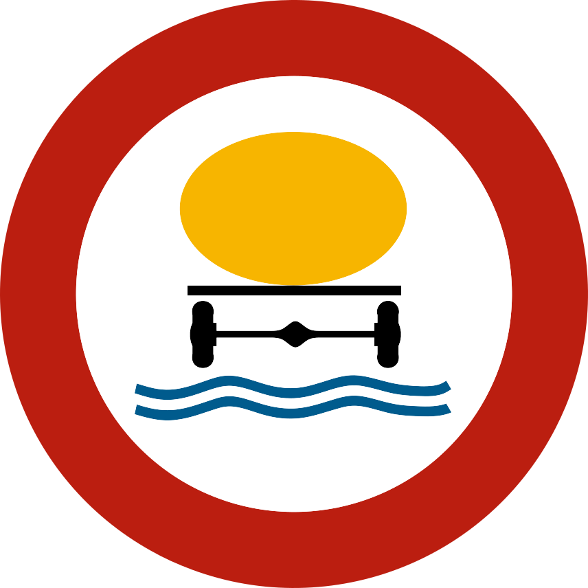 Disque à bord rouge avec un véhicule-citerne au-dessus de lignes bleues représentant l’eau.