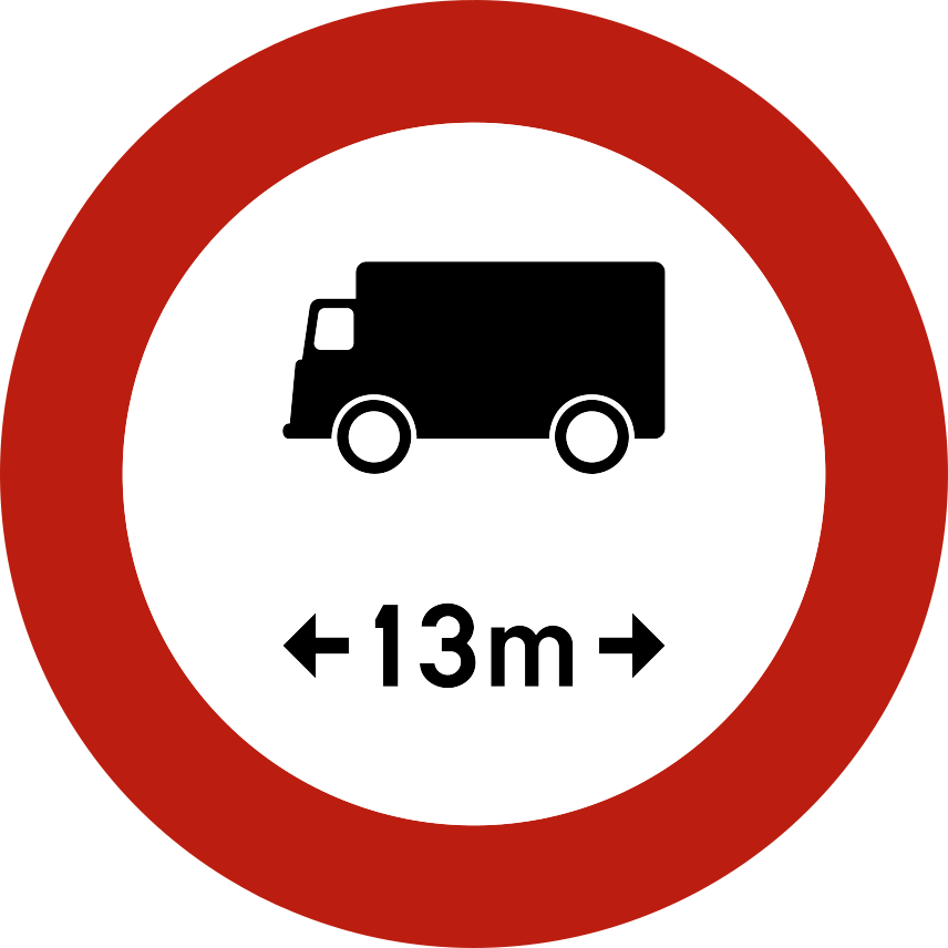 Disque à bord rouge avec un camion et l’indication « 13 m » entre deux flèches horizontales.