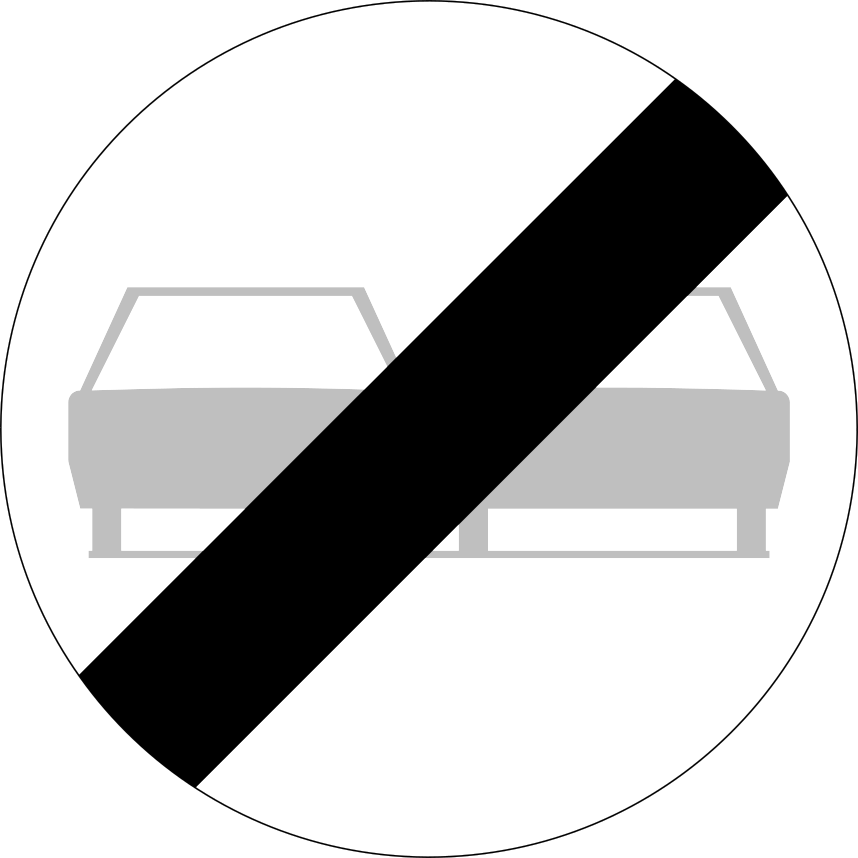 Disque blanc avec deux voitures grises traversées par une diagonale noire.
