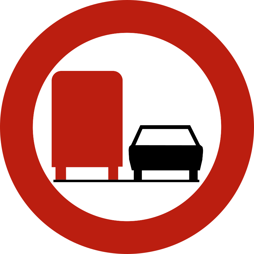 Disque à bord rouge avec un camion rouge à gauche et une voiture noire à droite.