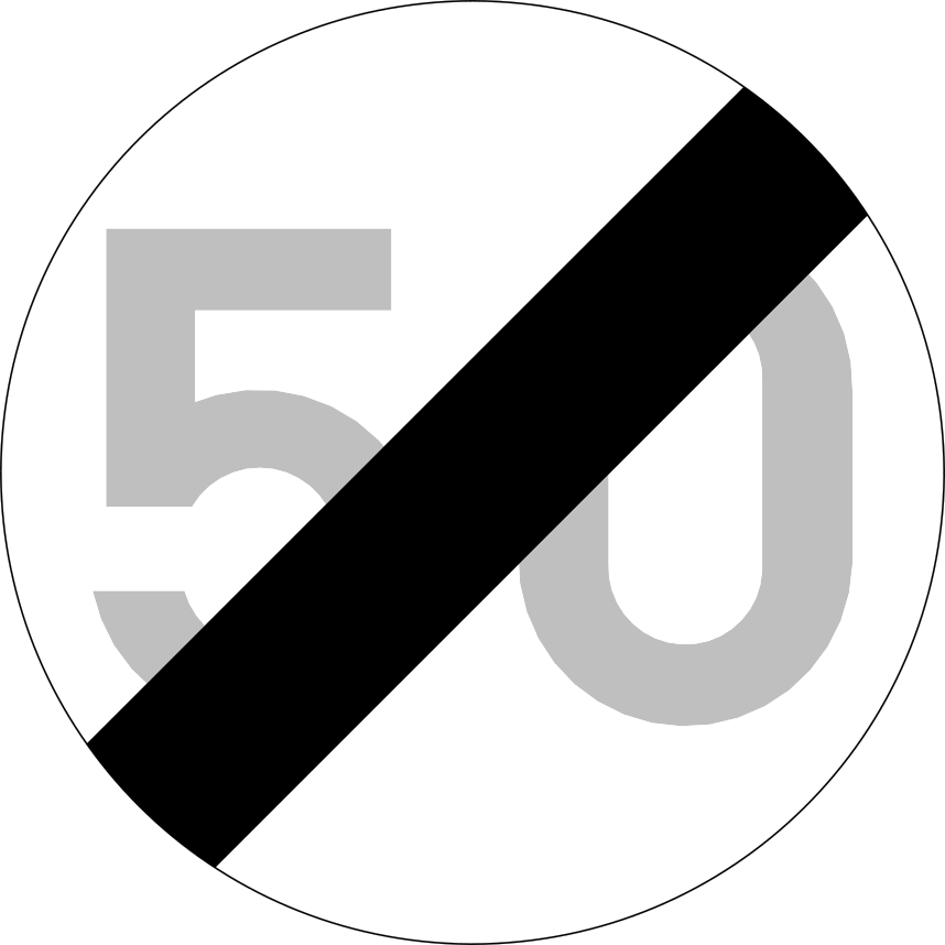 Disque blanc portant le nombre « 50 » en gris, traversé par une diagonale noire.