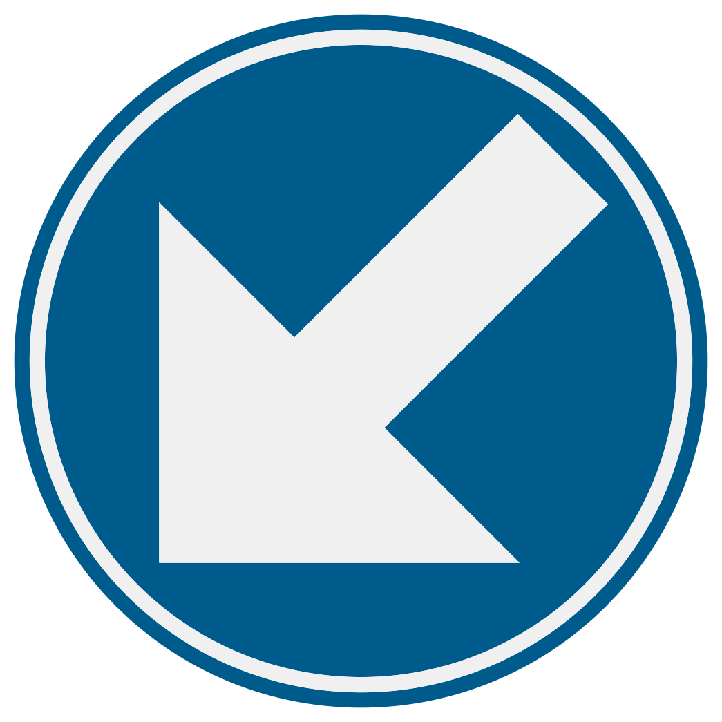Disque bleu avec une flèche blanche oblique vers le bas à gauche.