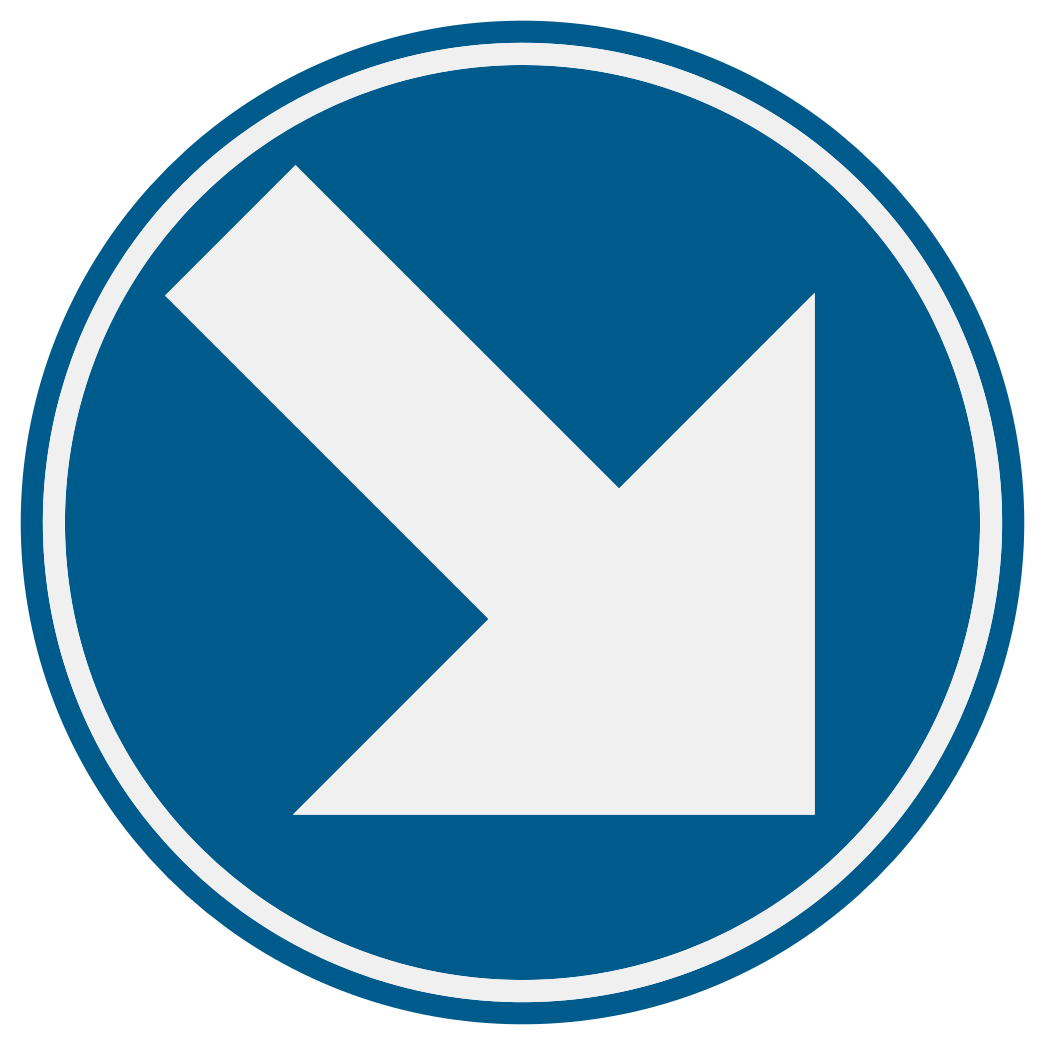 Disque bleu avec une flèche blanche oblique vers le bas à droite.