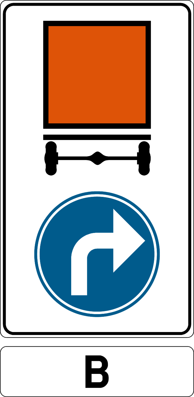 Véhicule avec un rectangle orange, flèche blanche coudée vers la droite sur disque bleu et panneau additionnel « B ».