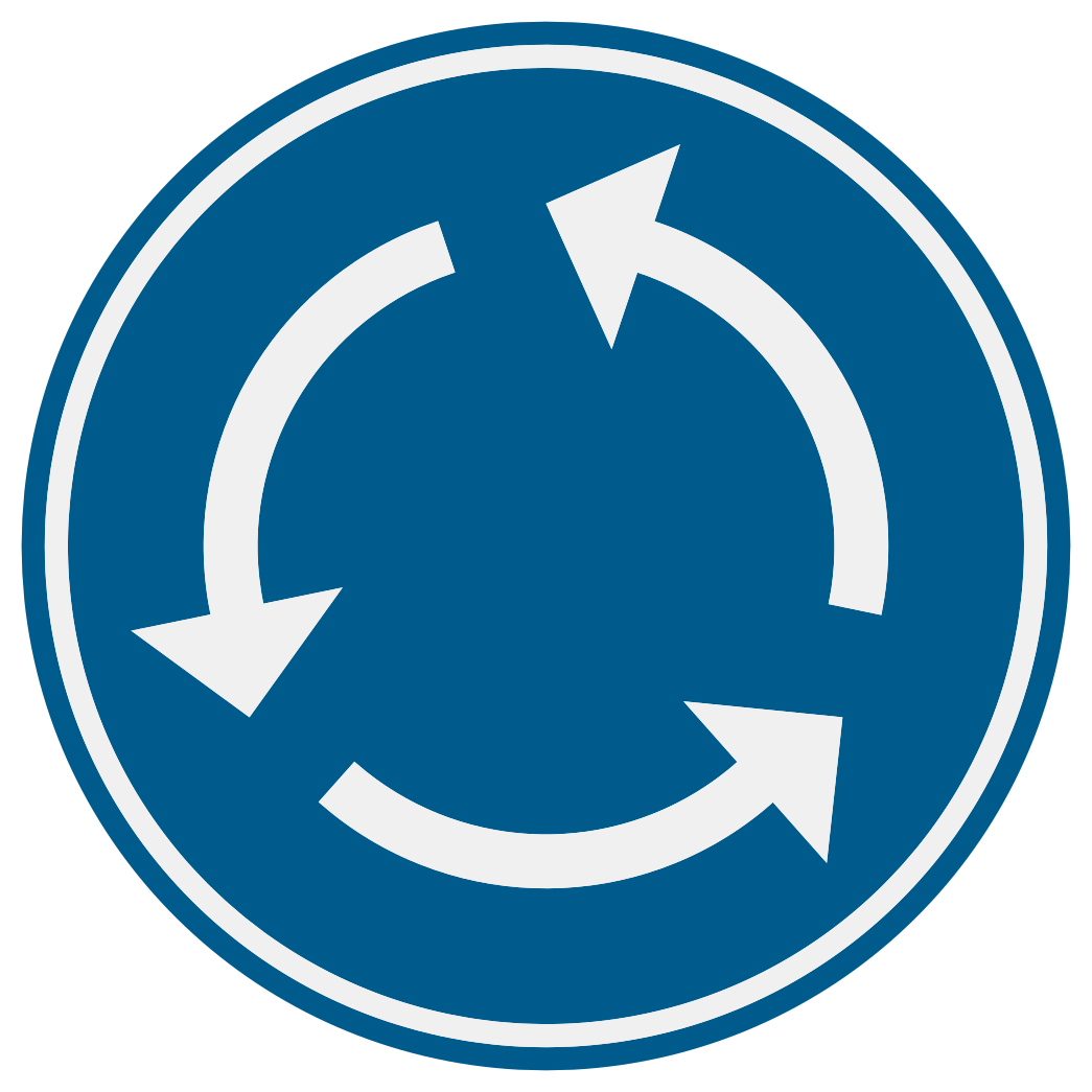 Disque bleu avec trois flèches blanches disposées en cercle dans le sens inverse des aiguilles d’une montre.