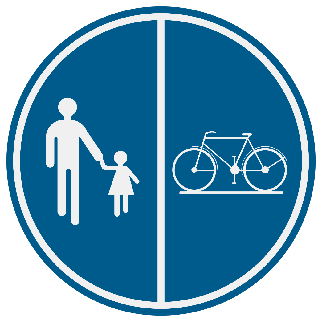 Disque bleu séparé verticalement : adulte et enfant à gauche, bicyclette à droite.