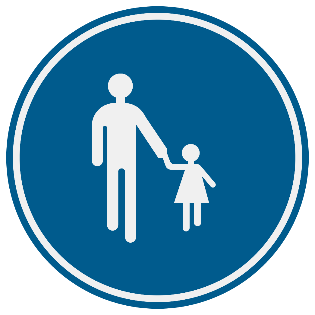 Disque bleu avec un adulte tenant un enfant par la main.