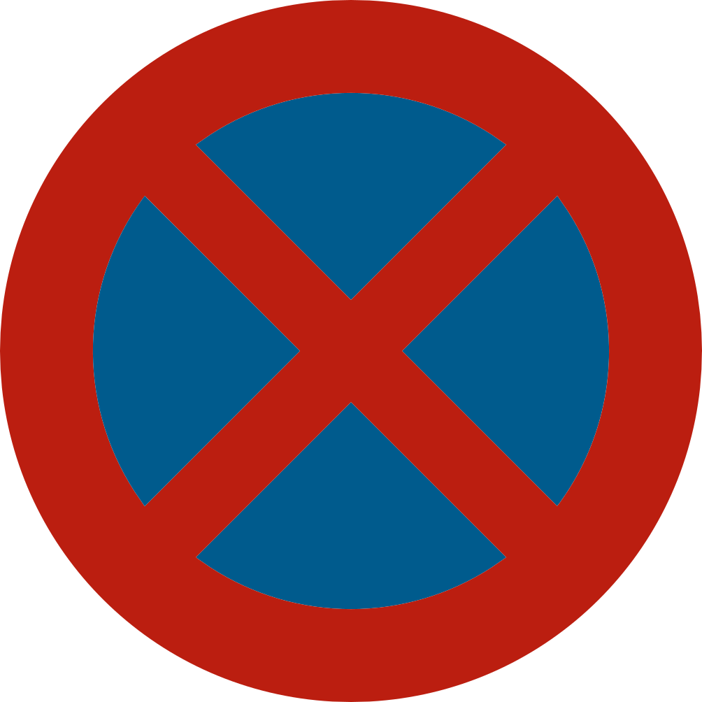 Disque bleu à bord rouge, barré d’une croix rouge.