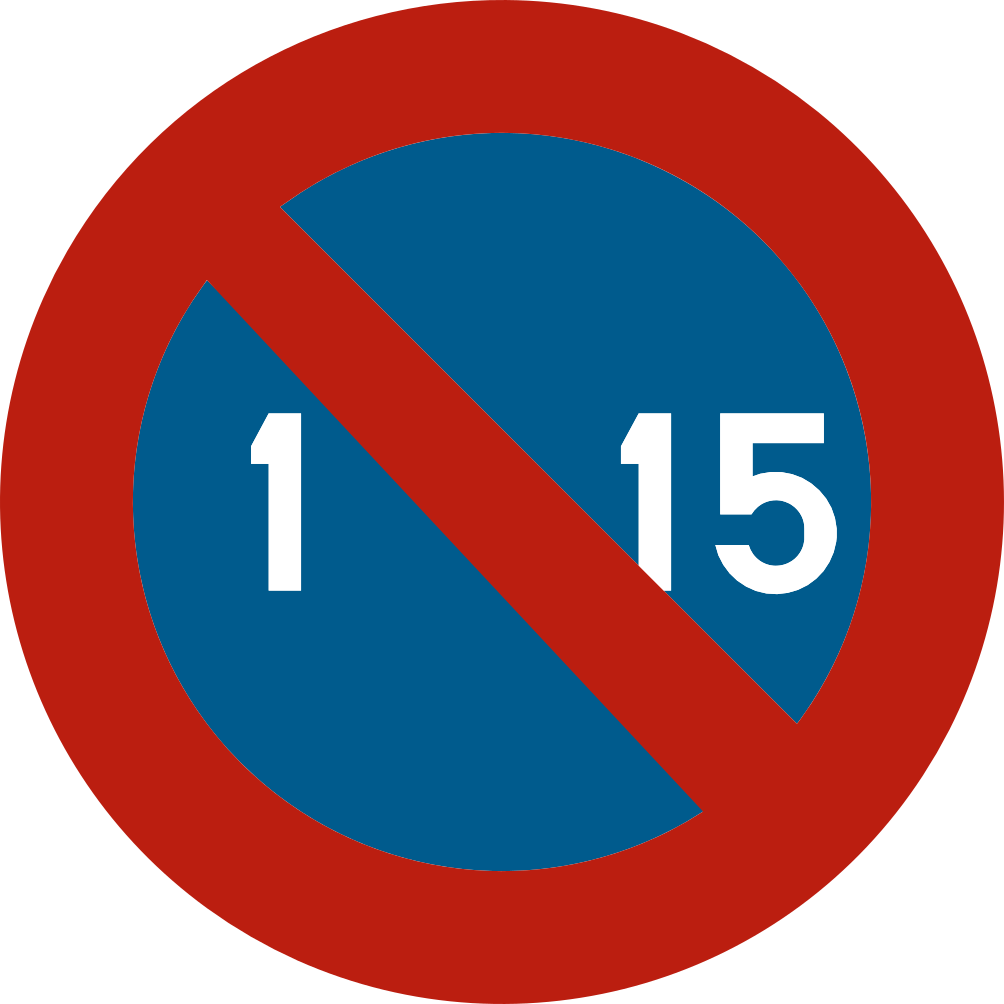 Disque bleu à bord rouge et diagonale rouge, portant « 1 » et « 15 ».