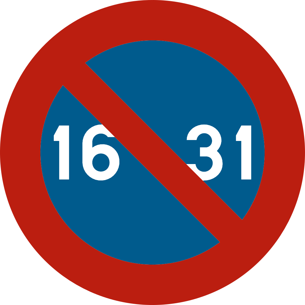 Disque bleu à bord rouge et diagonale rouge, portant « 16 » et « 31 ».