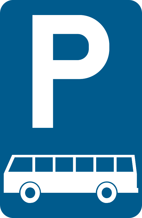 Rectangle bleu portant un « P » et un autocar blanc vu de profil.