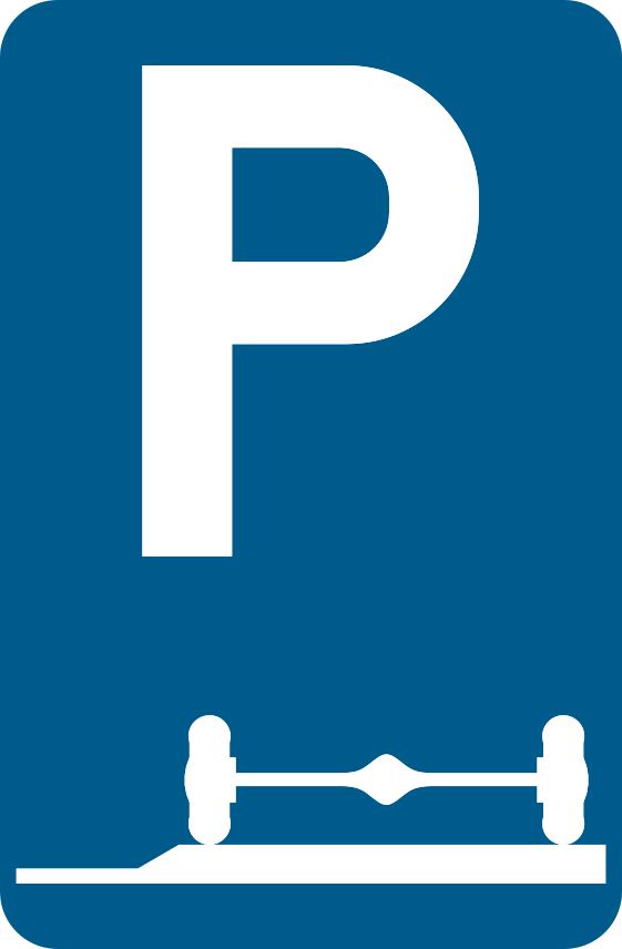 Rectangle bleu portant un « P » et les deux roues d’un véhicule entièrement sur une partie surélevée.