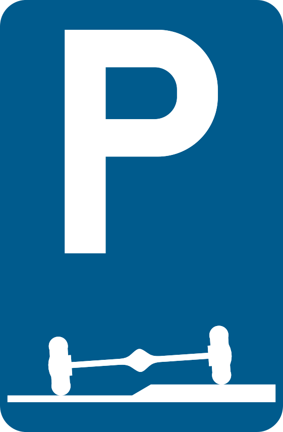 Rectangle bleu portant un « P » et les deux roues d’un véhicule, dont une sur une partie surélevée.
