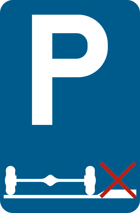 Rectangle bleu portant un « P », les deux roues d’un véhicule sur la chaussée et une croix rouge sur la partie surélevée.