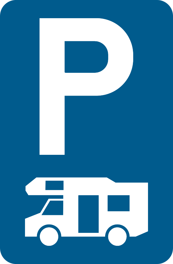 Rectangle bleu portant un « P » et un camping-car blanc.