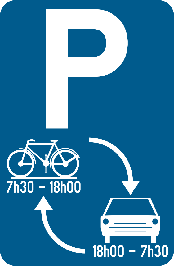 Rectangle bleu : « P », bicyclette de 7 h 30 à 18 h 00, voiture de 18 h 00 à 7 h 30 et flèches d’alternance.